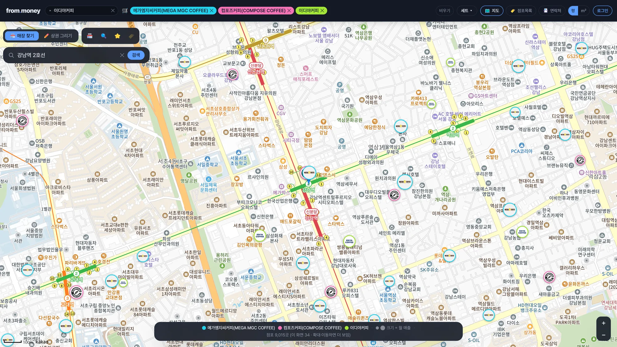 경쟁 브랜드를 담으면 색상별 점포 마커로 표시되고 마커 크기가 월 매출을 나타낸다